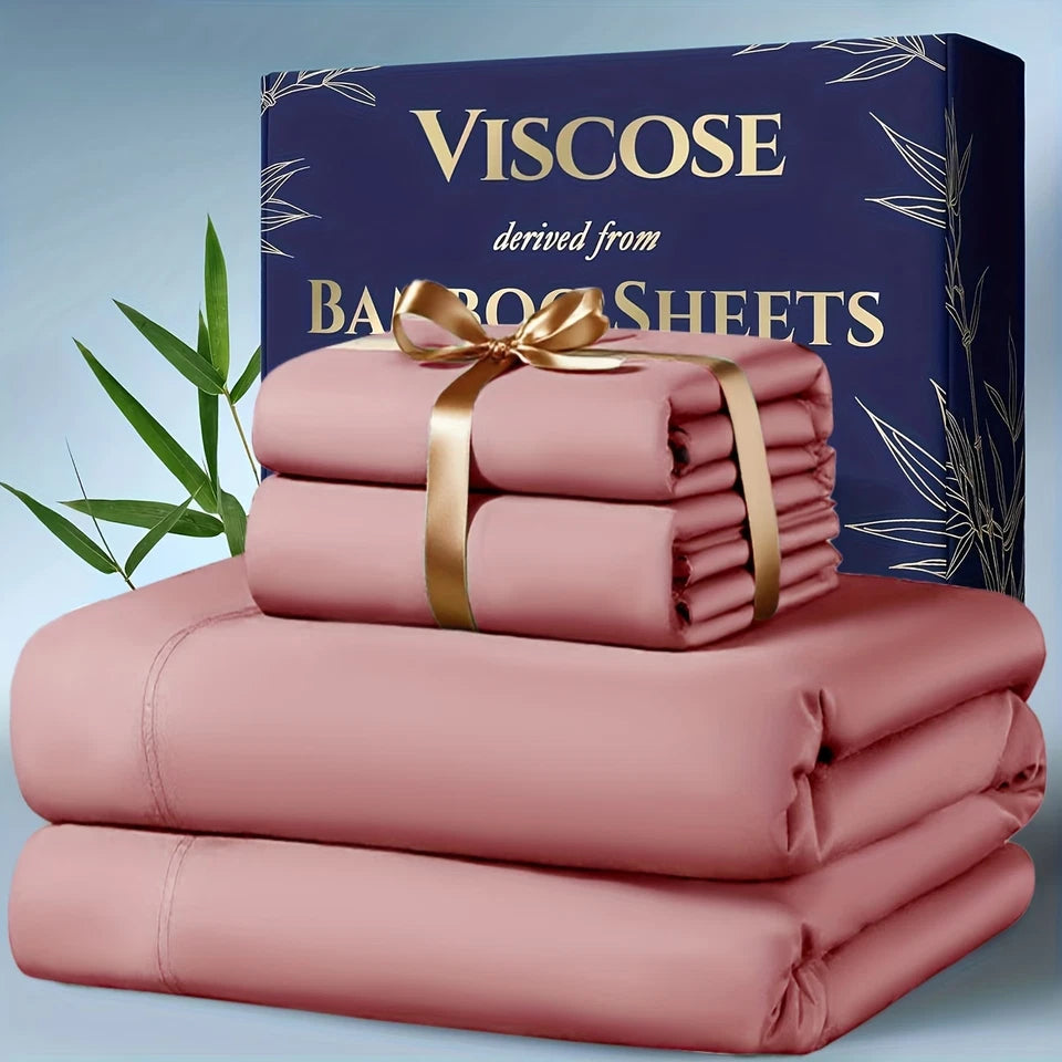 4pcs Bamboo Cooling Sheet Set Extra Deep Pocket Queen/King Breathable