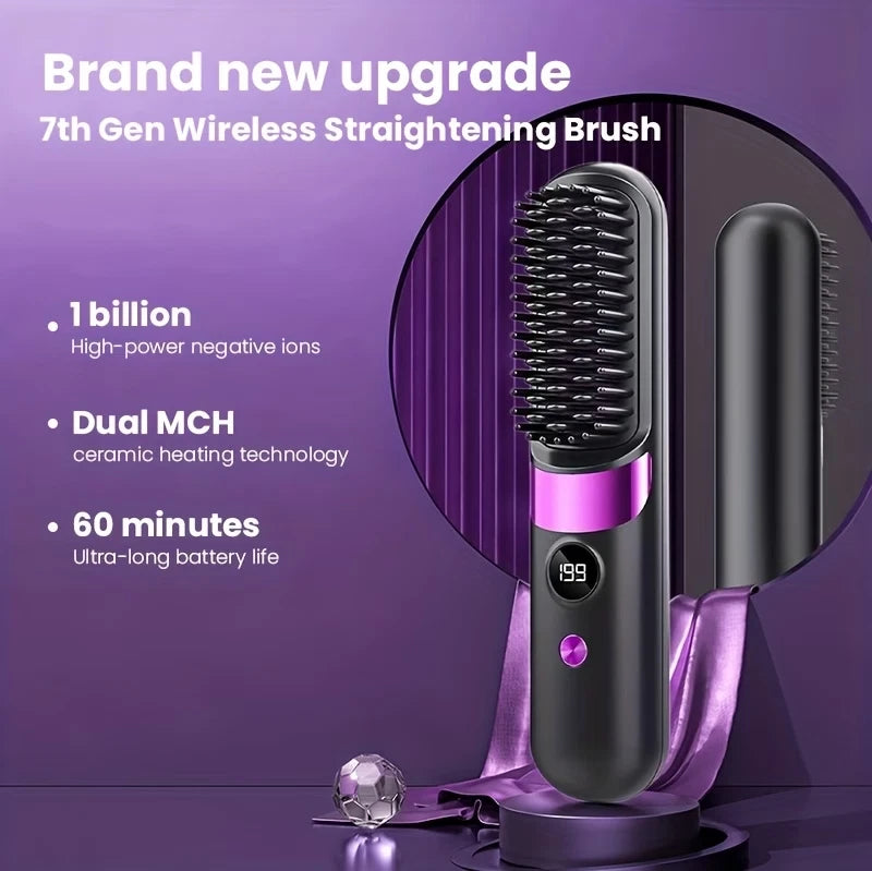 Portable Wireless Hair Straightening Brush Rechargeable Ionic 3 Temp
