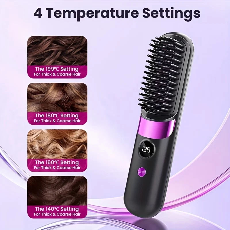 Portable Wireless Hair Straightening Brush Rechargeable Ionic 3 Temp